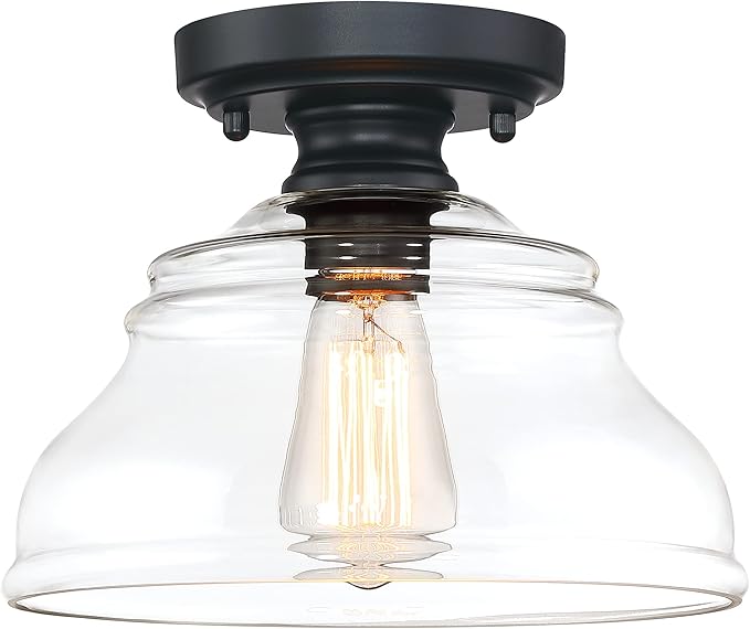 MEXO Industrial Semi Flush Mount Ceiling Light, Modern Clear Glass Light Fixture Farmhouse 10" Close to Ceiling Lights in Black Finish for Hallway Bedroom, Kitchen Entryway Cafe Bar Porch