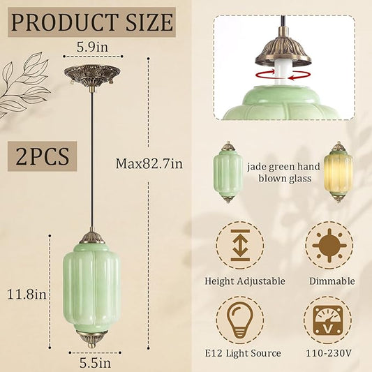 Gerrii 2 Pack Vintage Milk Glass Pendant Lights 5.5″ Green Brass Ceiling Hanging Light Fixtures Antique Pendant Lighting for Kitchen Island, Dining Room, Bedroom, Hallway, E12 Bulb Included