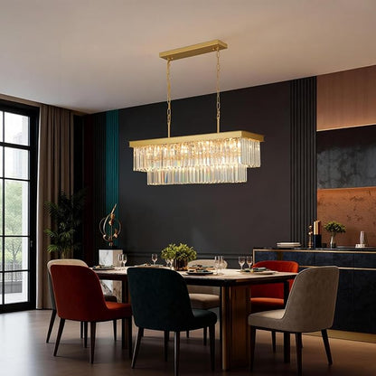 Weesalife Crystal Chandeliers for Dining Room Light Fixtures Over Table，11-Lights Gold Modern Rectangle Chandeliers for Kitchen Island Bar L33.5 Inch