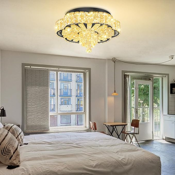 Modern Crystal Chandelier for Living Room 16in Black Crystal Raindrop Ceiling Light for Room Bedroom LED Dimmable 2700K-6000K