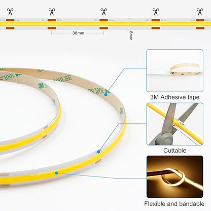AXMOTUT COB LED Strip Lights with RF Remote, 24V 32.8ft Warm White Dimmable LED Light Strips, High Bright 3000K LED Lights with Power Supply for Room, Kitchen, DIY Home Decoration