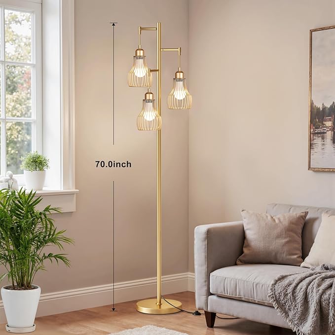 Ziisee Dimmable Gold Floor Lamps for Living Room, Farmhouse Tree Standing Tall Lamp with Remote Control 3 Elegant Cage Shade LED Bulbs for Bedroom Office - Gold