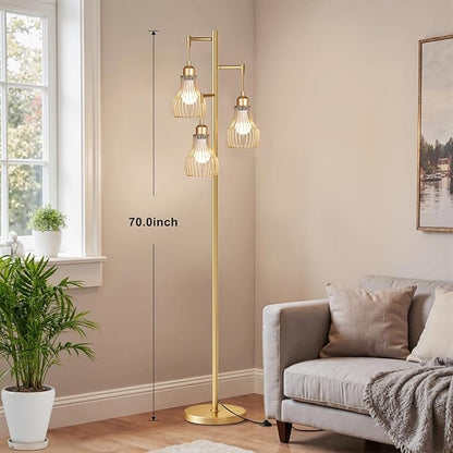 Ziisee Dimmable Gold Floor Lamps for Living Room, Farmhouse Tree Standing Tall Lamp with Remote Control 3 Elegant Cage Shade LED Bulbs for Bedroom Office - Gold