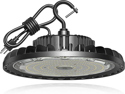 UFO LED High Bay Light 150W 21,000lm 5000K Aluminum LED Shop Lights with US Plug 5’ Cable Waterproof Commercial Bay Lighting Fixture for Warehouse Garage Workshop Factory