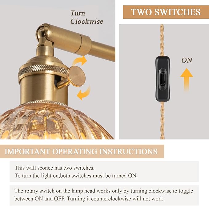 Plug-in Wall Sconce, Vintage Wall Decorative Lamp with Amber Glass Shade, Indoor Plug-in Wall Sconce for Bedroom, Living Room, Hallway