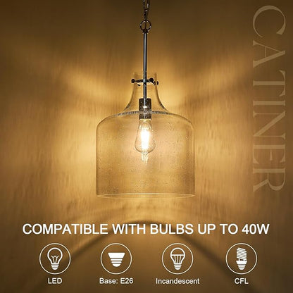 CATINER 12" Chrome Seeded Glass Pendant Light, Modern Farmhouse Hanging Ceiling Light Fixture for Kitchen Island, Dining Room, Hallway, Hand-Blown Bubble Glass Shade, E26 Dimmable Pendant Lighting