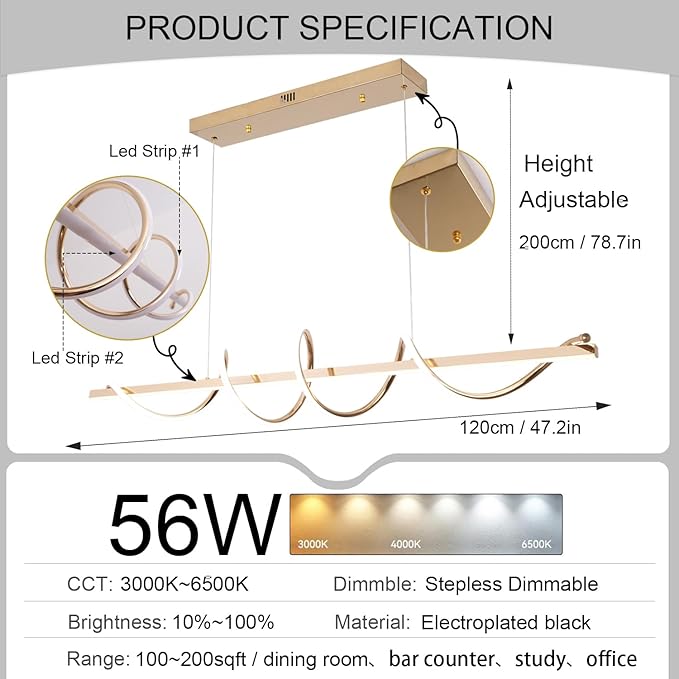 Led Pendant Light for Kitchen Island Lighting Dimmable 47.20" Twist Design Modern Led Chandelier 3000K-6500K