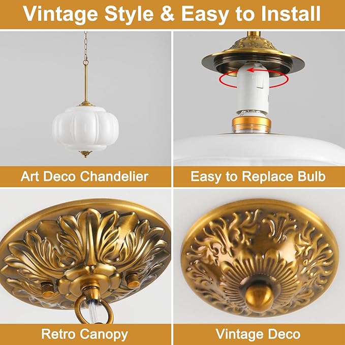 Milk Glass Pendant Light, 15in Large Schoolhouse Light Fixture, LED Bulb Included, Vintage Art Deco Chandelier for Kitchen Island Dining Room Bedroom Hallway, White & Antique Gold 1 Pack
