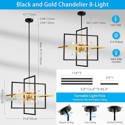 XINGQI 22" Rustic Geometric Pendant Lighting 8-Light Black and Gold Farmhouse Chandelier Ceiling Light Fixtures for Dining Room Living Room Kitchen Island Bedroom Hallway