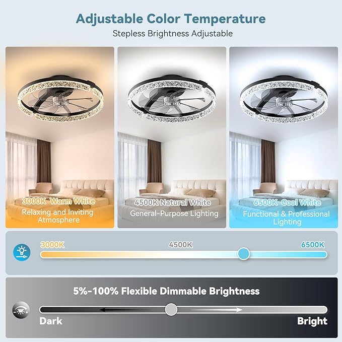 AIKVSXER Ceiling Fans with Lights,20 Inch Low Profile Fandelier with APP Control, Ultra Quiet,3CCT and 6 Wind Speeds for Bedroom, Living Room Modern Flush Mount Fan Light (Black, 20inch-Crystal Fold)
