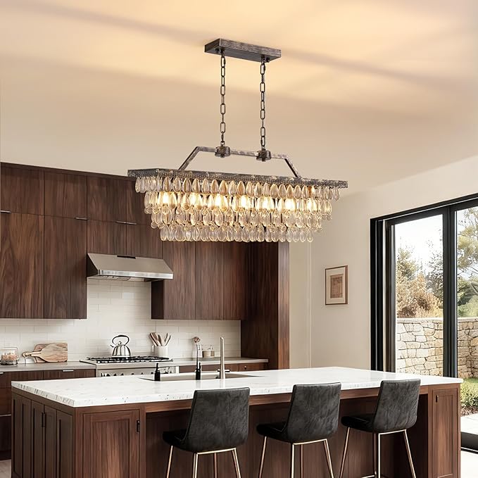 7PM Crystal Chandelier for Dining Room, 35 Inch Antique Bronze Chandelier, 7 Lights Rectangle Chandelier, Farmhouse Kitchen Island Lighting Hanging Light Fixture for Living Room, Entryway