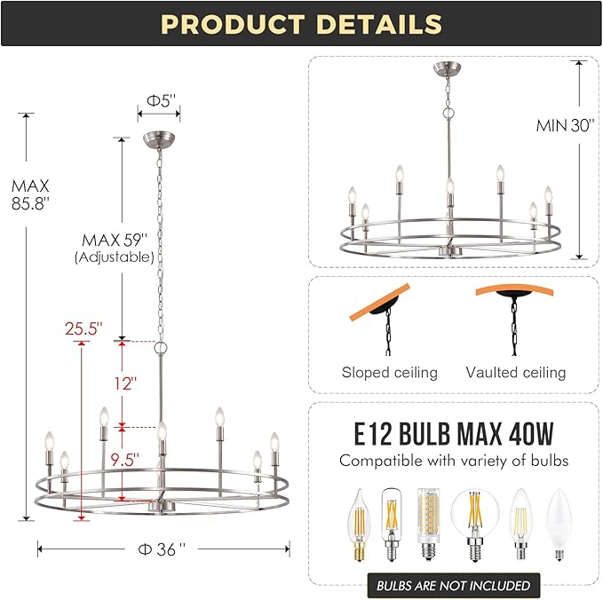 Modern Brushed Nickel Chandelier 9-Light Master Bedroom Chandelier Light Fixture Silver Metal Round Chandelier Living Room Lighting for Dining Room Bathroom Foyer Entrance, 35in