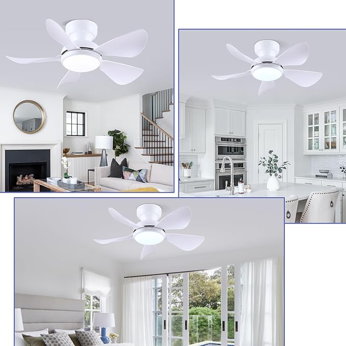 Kviflon 32 Inch Modern Ceiling Fans with Lights, Small Flush Mount Ceiling Fan with Light and Remote/APP Control, 5 Reversible 6 Speeds Curved Blades, 3 CCT Dimmable Lights for Kids Room, White