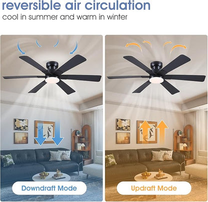 52" Low Profile Ceiling Fans with Lights and Remote, Black Indoor Ceiling Fan Light with Quiet Reversible DC Motor,Modern Flush Mount Ceiling Fans with Dimmable LED for Bedroom Kitchen