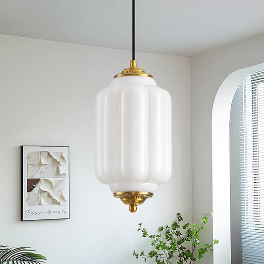 Milk Glass Pendant Light, 5.5in Small Schoolhouse Light Fixture, LED Bulb Included, Vintage Art Deco Chandelier for Kitchen Island Dining Room Bedroom Hallway, White & Antique Gold 1 Pack