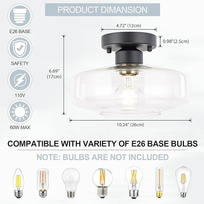 Semi Flush Mount Ceiling Light, 10.24" Modern Farmhouse Clear Glass Light Fixture with Matte Black Finish, E26 Base for Entryway Hallway Kitchen Bathroom (Bulb Not Included)