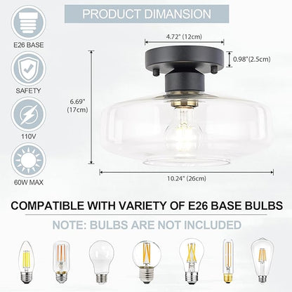 Semi Flush Mount Ceiling Light, 10.24" Modern Farmhouse Clear Glass Light Fixture with Matte Black Finish, E26 Base for Entryway Hallway Kitchen Bathroom (Bulb Not Included)