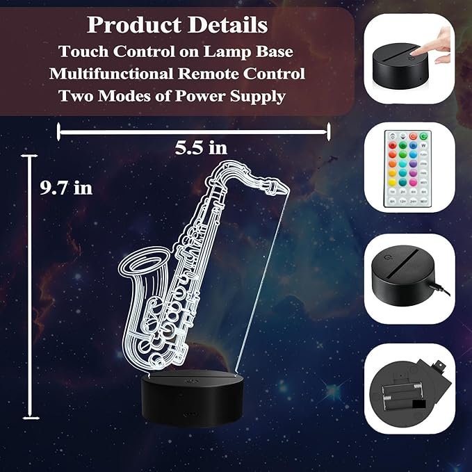 Saxophone Night Light, 3D Illusion Lamp with Remote Control, 16 RGB Colors, 4 Flashing Modes, Timer, Dimmable, Saxophone Accessories Toys Decor for Holiday Birthday Christmas