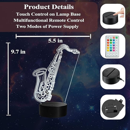 Saxophone Night Light, 3D Illusion Lamp with Remote Control, 16 RGB Colors, 4 Flashing Modes, Timer, Dimmable, Saxophone Accessories Toys Decor for Holiday Birthday Christmas