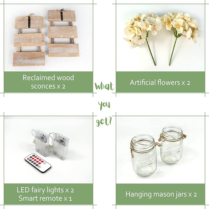 Mason Jar Wall Sconces, Rustic Brown Wall Hanging Decor, LED Fairy Lights with Automatic On and Off 6-Hour Timer (Set of 2),Brown