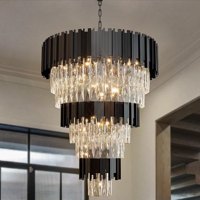 Large 8-Tier Crystal Chandeliers, 24in Black Crystal Chandelier, Luxury Round Adjustable Height Chandelier Lighting Fixture for High Ceiling, Entryway, Foyer