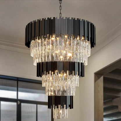 Large 8-Tier Crystal Chandeliers, 24in Black Crystal Chandelier, Luxury Round Adjustable Height Chandelier Lighting Fixture for High Ceiling, Entryway, Foyer