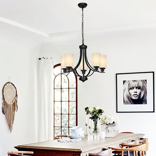 MELUCEE 5 Lights Chandeliers for Dining Room Traditional Chandelier Classic Black Pendant Light with Milky White Glass Shade, Mid Century Modern Chandelier for Kitchen Foyer Bedroom