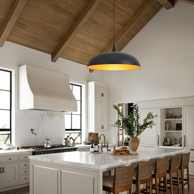 Large Pendant Light Fixtures Ceiling Hanging, 17.7" Dome Pendant Lights,Black and Gold Finish Lighting Fixture,Adjustable Pendant Lamps for Living Room,Dining Room,Kitchen Island