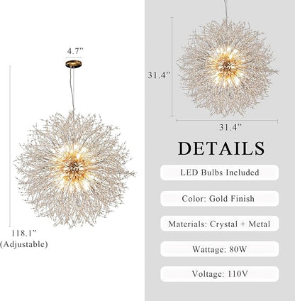Modern Sputnik Chandelier, Large Crystal Beaded Hanging Light, Gold 16-Light Firework Lamp, Round Dandelion Pendant Light Fixtures for Dining Room Living Room Bedroom (Gold, D31.4inch)