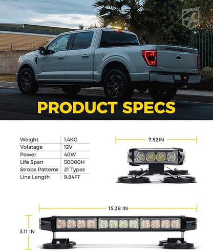 Xprite White Amber LED Rooftop Emergency Strobe Light Bar, 21 Flashing Modes Hazard Caution Warning Beacon Safety Lightbar with Magnetic Base for Construction Vehicles Tow Trucks Snow Plow Vans