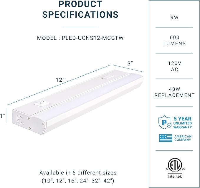 PARMIDA LED Under Cabinet Lighting, Hardwired Installation, 12 Inch, 9W, 5CCT Color Selectable - 2700K/3000K/4000K/5000K/6000K, ETL Listed, 120V, Dimmable, 600 Lumens, White Finish