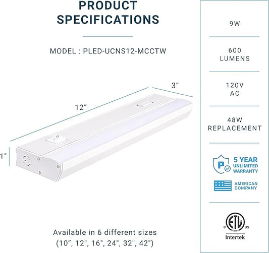 PARMIDA LED Under Cabinet Lighting, Hardwired Installation, 12 Inch, 9W, 5CCT Color Selectable - 2700K/3000K/4000K/5000K/6000K, ETL Listed, 120V, Dimmable, 600 Lumens, White Finish