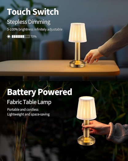 Mini Cordless Table Lamp 2 Pack - 11.4" Stepless Dimmable Touch Lamp with Fabric Shade, Small LED Lamps, 4000mAh Rechargeable Battery Operated Lamps for Dinning Room, Bedroom, Bar (Gold)