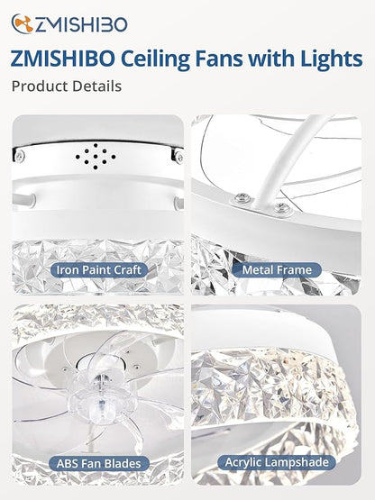 ZMISHIBO Ceiling Fans with Lights, Low Profile Ceiling Fan with Light and Remote, Flush Mount Ceiling Fan, Reversible, Dimmable, Noiseless, 15.7 inch Small Ceiling Fans for Bedroom, Indoor Use - White