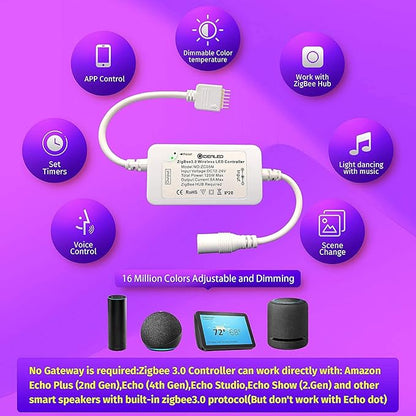 GIDEALED Smart Zigbee 3.0 RGBWW LED Strip Lights16.4ft Kit Compatible with Echo Plus Echo Studio Alexa Voice & APP Control RGB Warm White Cold White RGBCCT LED Strips Dimmable,Hub Bridge Required