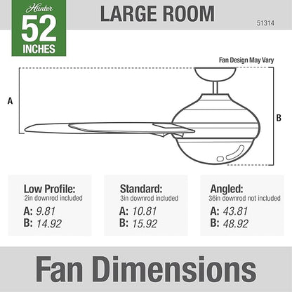 Hunter 52 inch Indoor Ceiling Fan with LED Light and Remote Control - Black Modern Smart Ceiling Fan, Standard Mount, 5 Blades, For Bedroom, Living Room, or Kitchen, Quiet- Aerodyne 51314, Matte Black