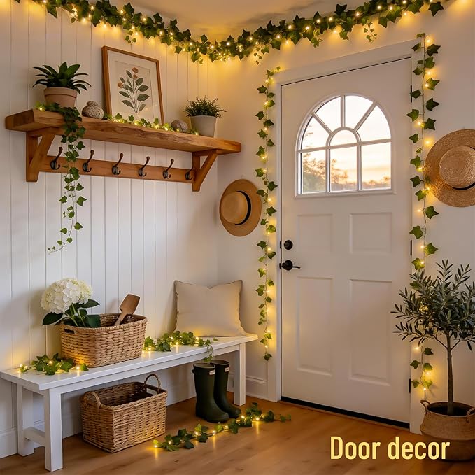 JMEXSUSS 100 LED Vines with Lights Plug in, Ivy Vines with Fairy Lights with Remote, 33 FT Leaf String Lights Waterproof for Room Bedroom Wall Fireplace Wedding Decoration（Warm White）