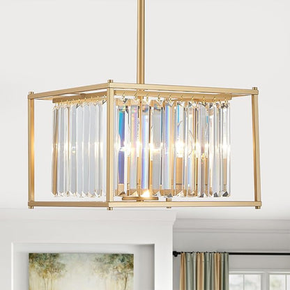 Square Crystal Small Mini Chandeliers 4-Light Gold Pendant Dining Room Light Fixture 13" Modern Farmhouse Adjustable Hanging Ceiling Lamps for Bedroom Entryway Hallway Pool Table