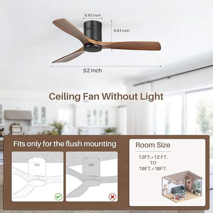 CACI Mall 52 Inch Smart Ceiling Fan without Light, Flush Mount, 3 Blades Solid Wood, Low Profile, Modern, Outdoor/Indoor Ceiling Fans No Light for Bedroom/Farmhouse/Patio