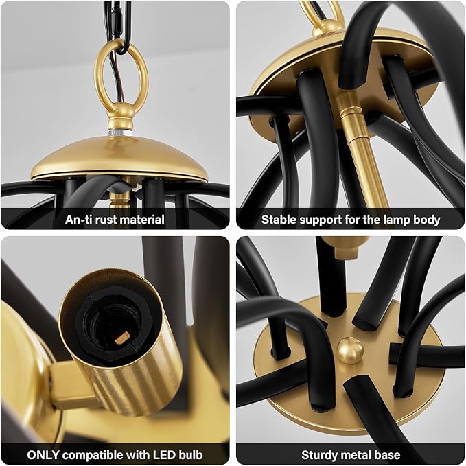 YURNYQ Modern Black and Gold Chandelier for Dining Room, 4 Lights Geometric Chandeliers, Sphere Chandelier Industrial Large Pendant Light Fixtures Hanging for Kitchen, Entryway, Foyer, Stairs