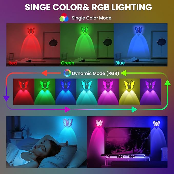 LOFTEK Rechargeable Motion Sensor Light, 2 Color Modes, Dimmable RGB Ambient Lighting, Cute Butterfly Design for Kid's Bedroom, Bathroom, Hallway, Tent & Stairs - Ideal Home Decor & Gift, 6 Pack