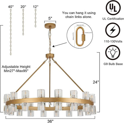 36 Inch Glod Wagon Wheel Chandelier with 36 Lights Crystal Shade, Modern Farmhouse Round High Ceilings Pendant Light Fixture for Living/Dining Room, Kitchen, Bedroom, Foyer
