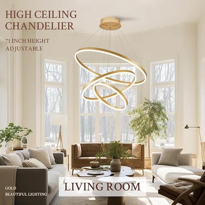 3-Rings Modern LED Chandelier Gold, Dimmable Pendant Lighting with Remote Control Circular Flush Mount High Ceiling Light for Living Room Dining Room Foyer, 3000K-6500K D31.5’’