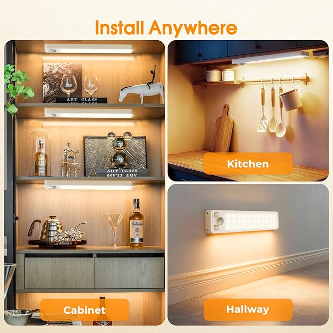 Under Cabinet Rechargeable Dimmable Lighting: 3 Color Temperature Motion Sensor Lights Indoor - Battery Operated Lights - Activated Closet Magnetic Wireless Led Light for Kitchen Home Bathroom 6 Pack