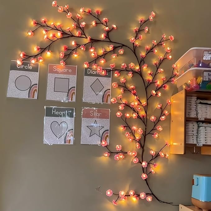 Cherry Blossom Tree Branch Lights for Wall,Cherry Enchanted Willow Vine Lights,with 96 LED and 8 Lighting Modes,Remote Timer,for Bedroom Wall Doors Windows Wedding Christmas Holiday (71inch)