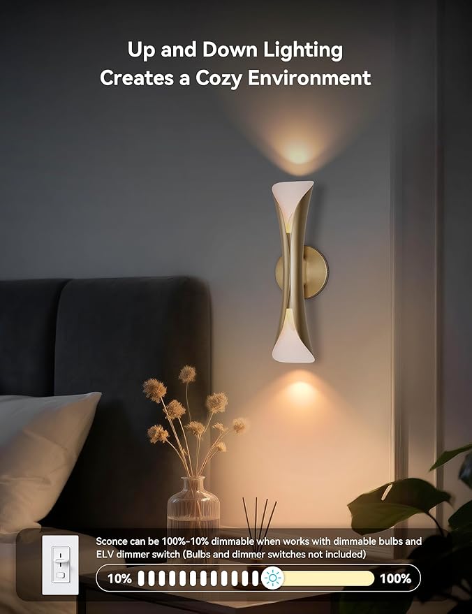 Tubicen Wall Sconces Gold Movie Theater Sconces Wall Lighting Up and Down 15.7" H Hardwired Dimmable Indoor Mid Century Modern Wall Lights for Living Room Bedroom Hallway Stairway Entry