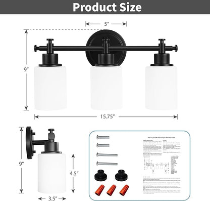 3-Light Black Bathroom Light Fixtures, Modern Vanity Lights Over Mirror, Bathroom Wall Sconces with White Glass Shade, E26 Socket, 15.75" Compact Vanity Light Fixtures