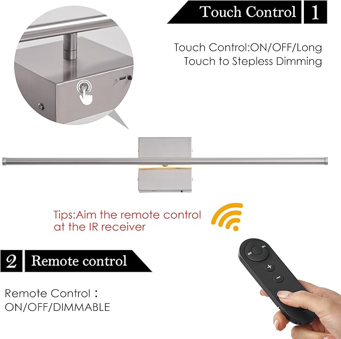 KARTOOSH Battery Operated Wall Sconces with Remote Control, Dimmable Wall Sconces Set of Two, 350°Rotate, 3000K LED Nickel Wireless Wall Light for Living Room, Hallway, Bedroom, 32.2 Inch (2 Pack)