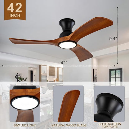 42 inch Flush Mount Ceiling Fans with Lights,Remote Control,Wall Switch,Solid Wood Blades,Dimmable,Reversible,Noiseless,Power Off Memory Low Profile Ceiling Fan for Bedroom Patio Indoor/Outdoor