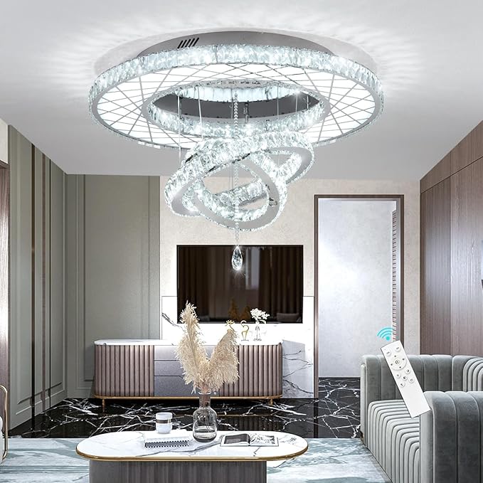HAIXIANG Crystal Glam Chandelier LED Ceiling Light Dining Bedroom Interior Lighting Fixtures Remote Dimmable Ceiling Chandeliers 24 Inches Silver Light